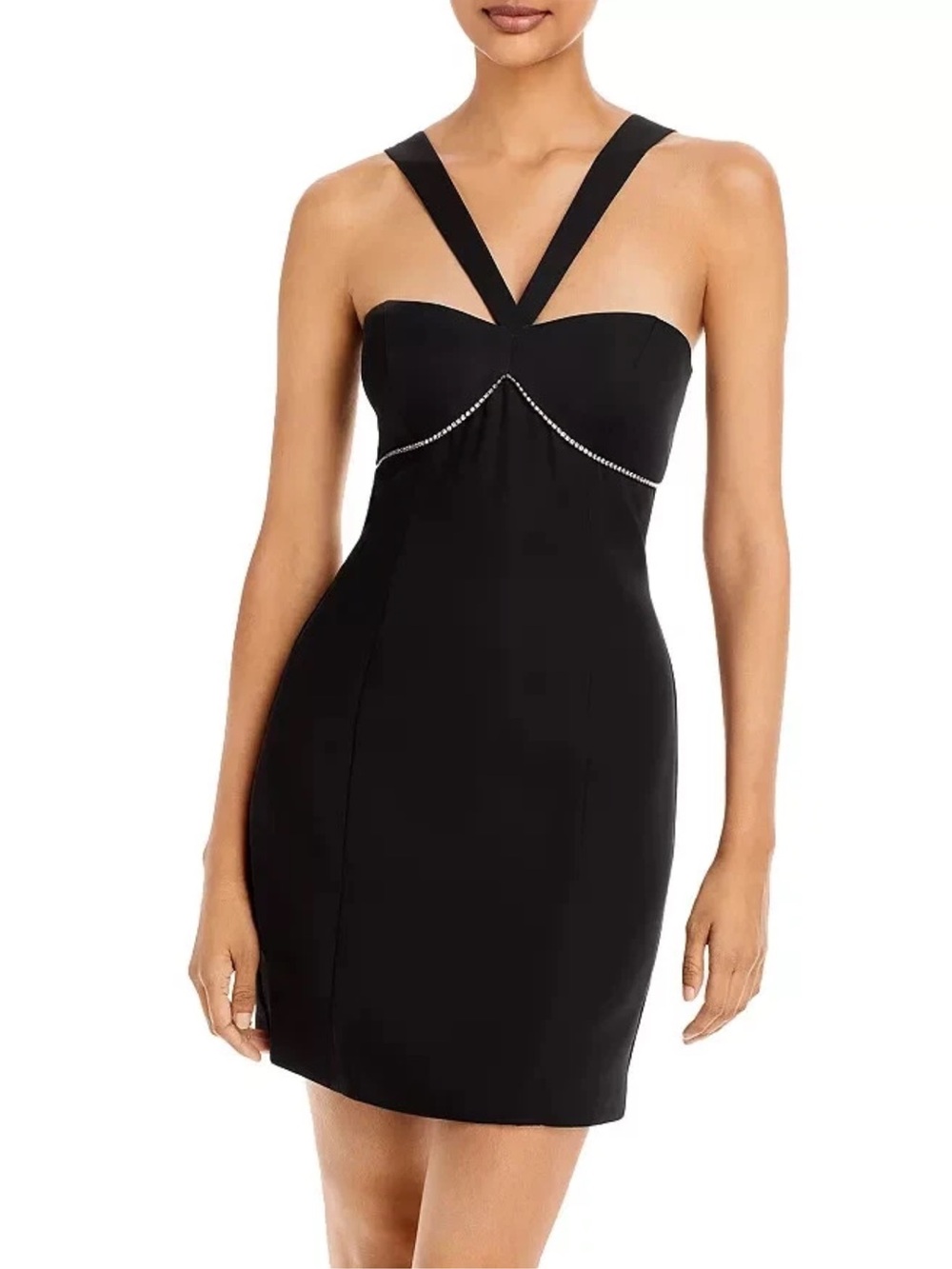 AQUA Formal Black Rhinestone-Trim Halter Mini Dress